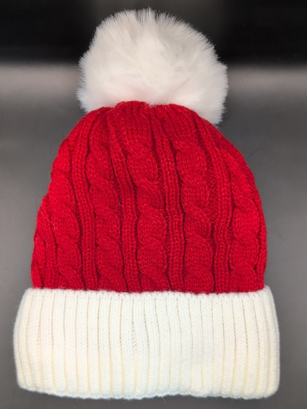 Santa Style Cable Knit Beanie in Red and White with White Fluffy Pom-Pom
